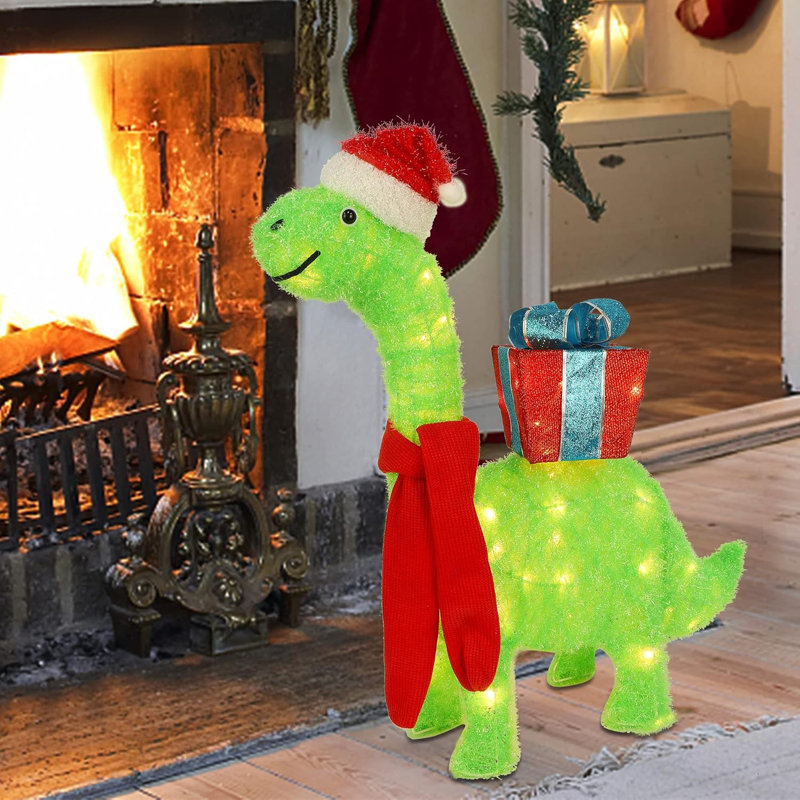 Dakota Fields Lighted Christmas Green Dinosaur With Gift Box Decorations 27 Inch Pre Lit Light Up 3D Brachiosaurus Xmas Outdoor Yard Decor With Lights For Festive Xmas Holiday Garden Lawn Display Wayf...